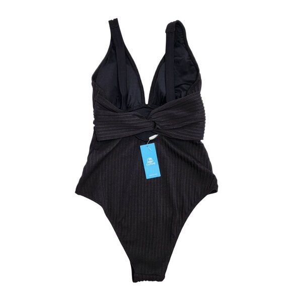 Black Ribbed One-Piece Swimsuit  Plunge Neckline Waist Detail Cupshe  Size S - Picture 6 of 9
